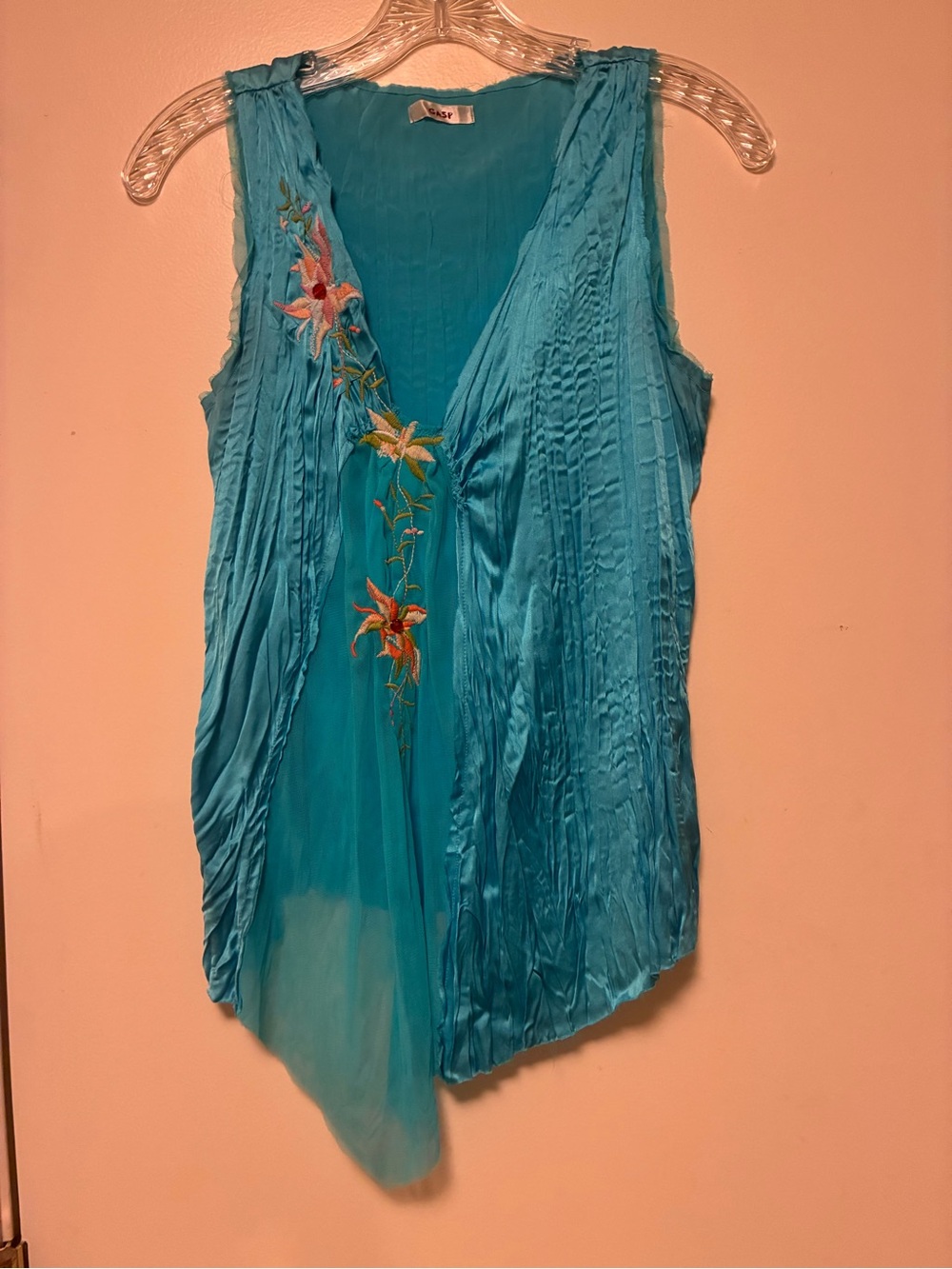 LN Silk Boho Vintage Embroidered Turquoise V-Neck Sleeveless Top